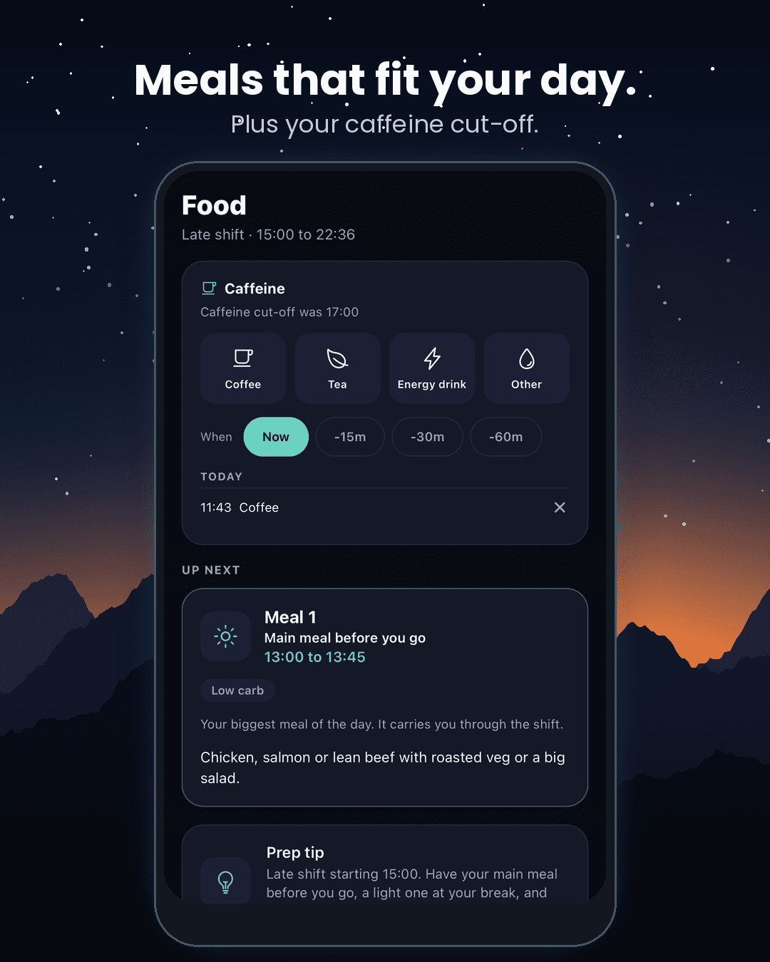 ShiftWell Food screen showing your caffeine cut-off and meals planned around a late shift