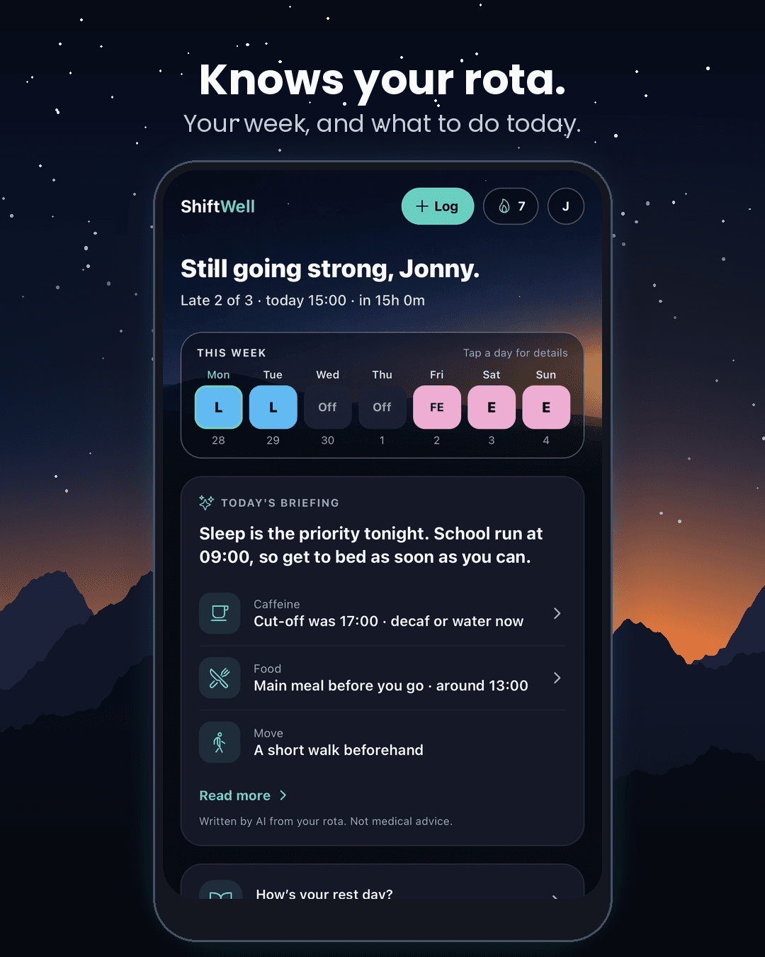 ShiftWell Today screen showing your week and today's briefing